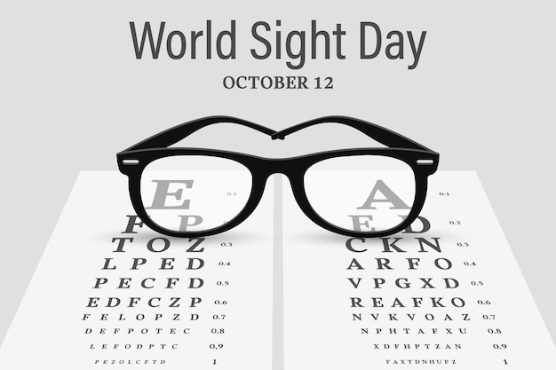 ベクトル 10 月 12 日の世界視力デー 検査用のスネレン チャートを背景にしたメガネ