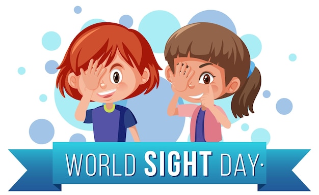 Logo della parola della giornata mondiale della vista con due personaggi dei cartoni animati di ragazze