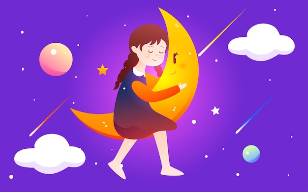 Vector world sleep day girl holding the moon sleeping fairy tale world illustration