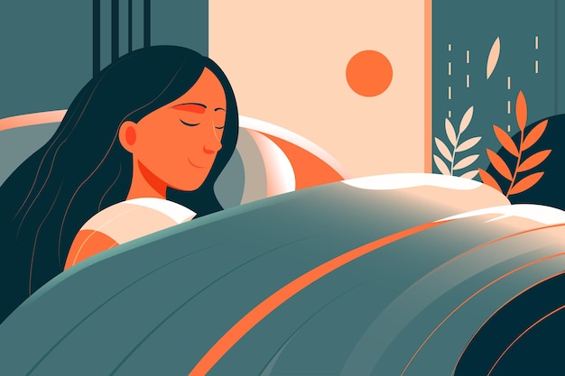Всемирный день сна девушка спит в постели с цветами и растениями на заднем плане векторная иллюстрация