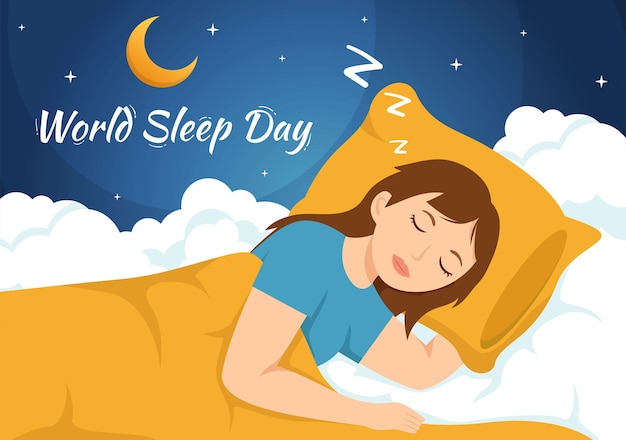 World sleep day on march 17 illustration with sleeping and planet earth in sky background templates