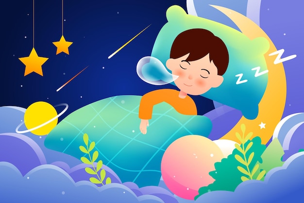 世界睡眠の日、寝ている人、背景に雲と星空、ベクトルイラスト