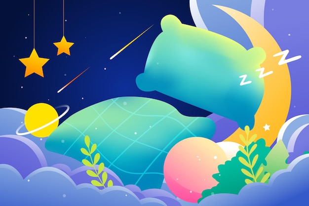 世界睡眠の日、寝ている人、背景に雲と星空、ベクトルイラスト