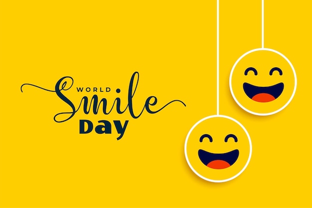 World smile day celebration card with laughter and cheerful hanging face vector