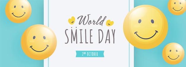 Вектор Заголовок всемирного дня улыбки или дизайн баннера с глянцевым смайликом-эмодзи, украшенный на белом и бирюзовом фоне.