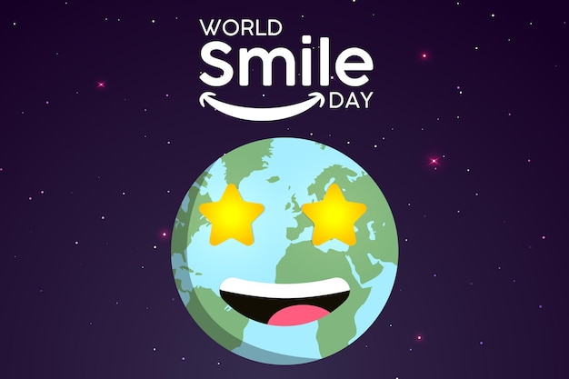 Vettore giornata mondiale del sorriso con la terra sorridente e sfondo di stelle luminose