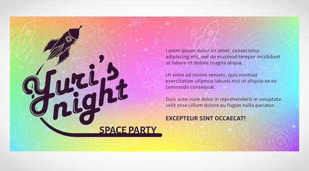 World space party card design. yuri s night banner or flyer. april 12 cosmonautics day.