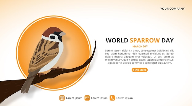 Vector world sparrow day background with a sparrow on a twig