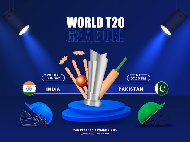 Partita mondiale t20 in corso! concetto con attrezzature da cricket 3d e squadra partecipante india vs pakistan su sfondo blu.