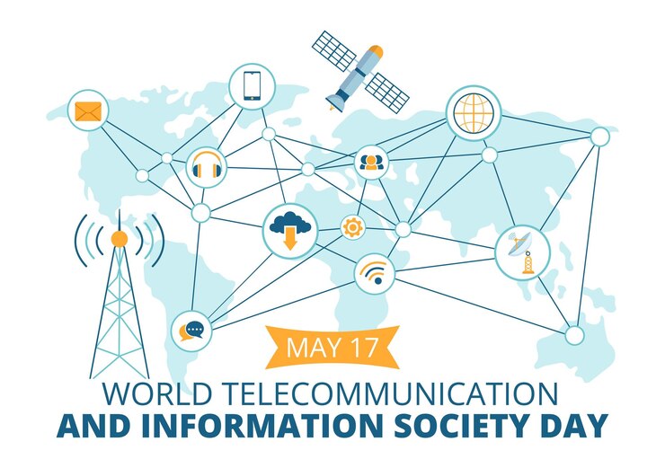 Vector world telecommunication and information society day illustration with communications network