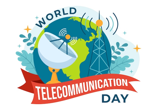 Vector world telecommunication and information society day illustration with communications network