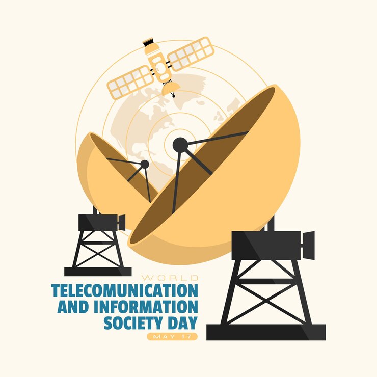 Vector world telecommunication and information society day poster information received from satellite