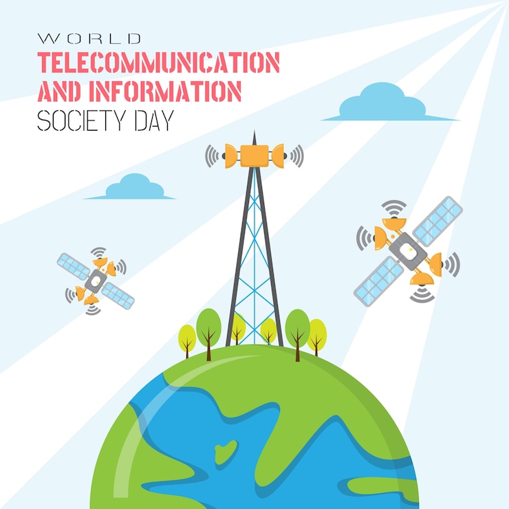 Vector world telecommunication and information society day poster with the satellite sends a signal