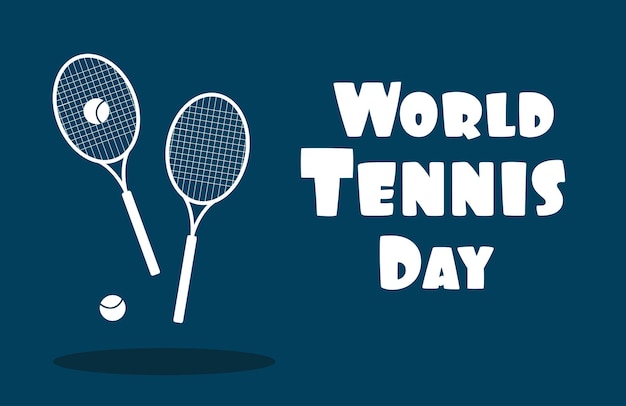 Banner web della giornata mondiale del tennis. due racchette da tennis con una pallina da tennis su sfondo blu scuro