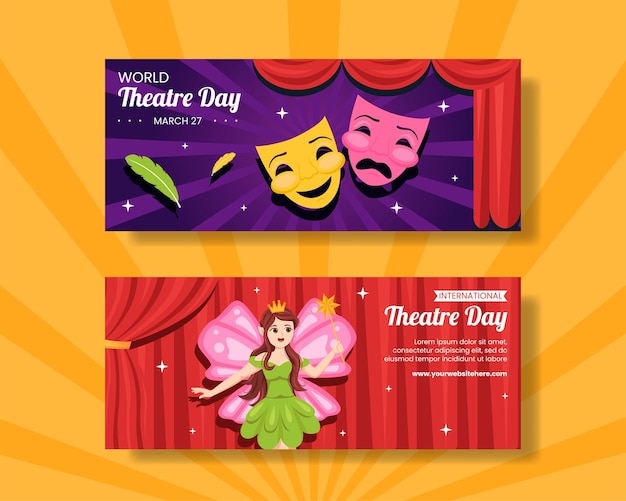 World Theater Day Horizontal Banner Flat Cartoon Hand Drawn Templates Illustration