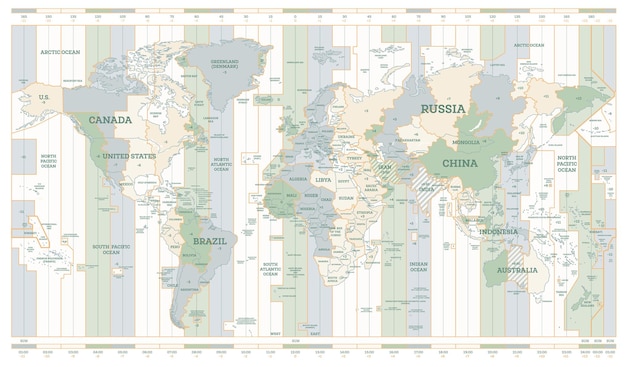 ワールド タイム ゾーン マップ 国名を含む詳細な世界地図