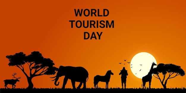 Vector world tourism day banner with wild and tourist