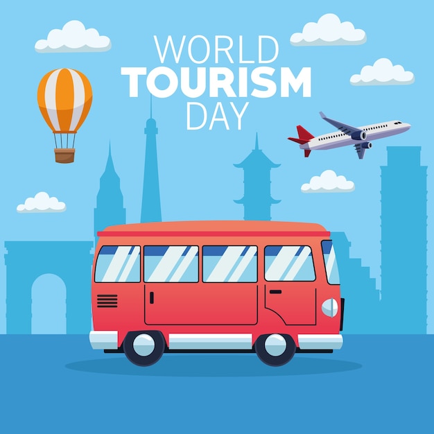 Carta di giornata mondiale del turismo con disegno di illustrazione vettoriale di van e aeroplano