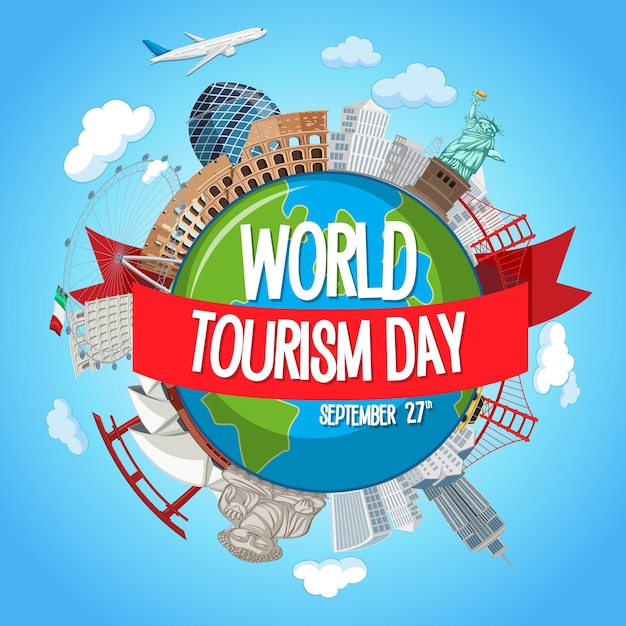 World tourism day logo with famous tourist landmarks elements