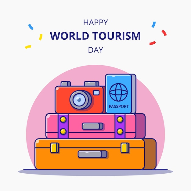 World tourism day luggage, camera and passport for holiday cartoon illustration. tourism icon.