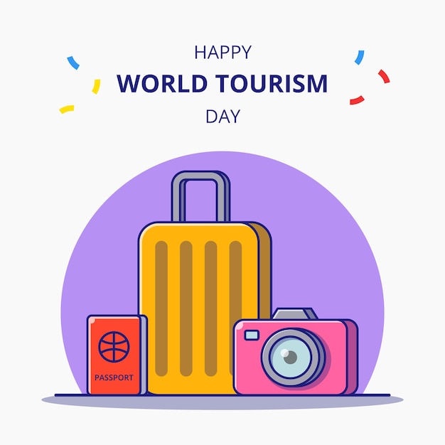 World tourism day luggage, passport, and camera cartoon illustration. tourism icon concept isolated.