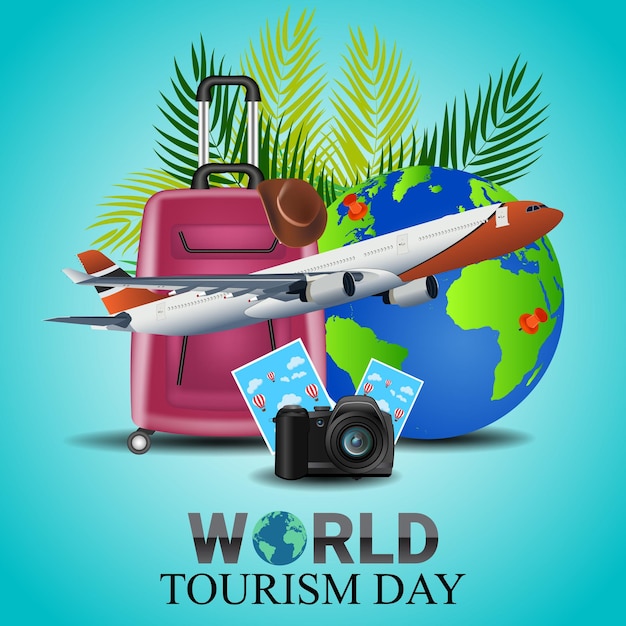 World tourism day vector with travel bag, hat, plane, world map illustration