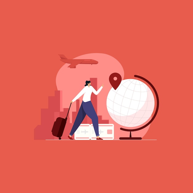 Vector world tourism day woman traveler walking with luggage bags in hand travel around the world