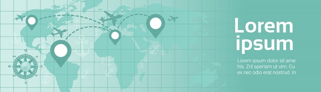 World travel in plane template banner l'aeroplano sorvola la mappa della terra con la mappa del percorso dei puntatori di navigazione