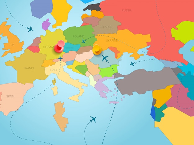 Vettore concetto di viaggio del mondo. illustrazione vettoriale con mappa dell'europa e pin di colore