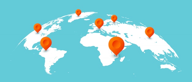 世界旅行マップ。グローバルな地球地図上のピン、世界的なビジネスコミュニケーション分離図