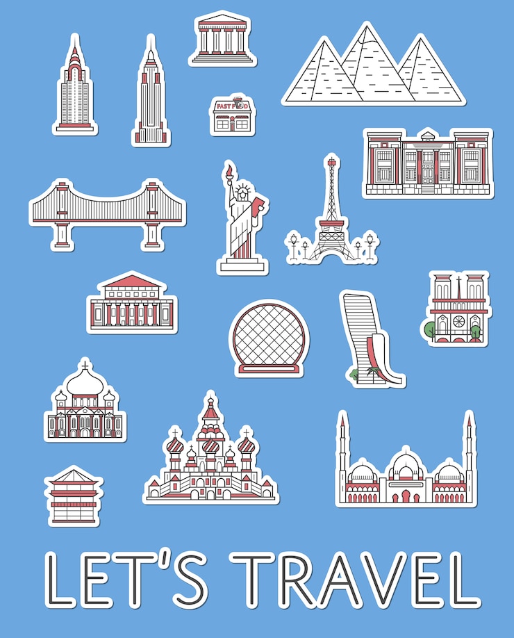Vector world traveling labels set in linear style