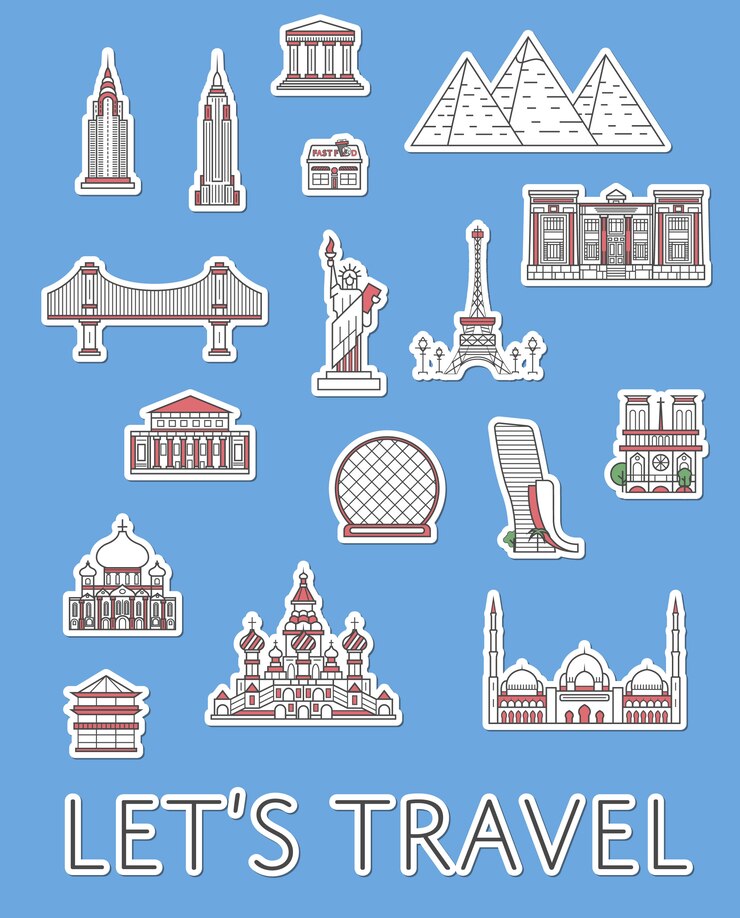 Vector world traveling labels set in linear style