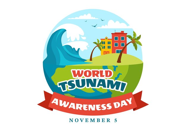 World Tsunami Awareness Day Vector Illustration Waves Hitting Houses and Building Landscape