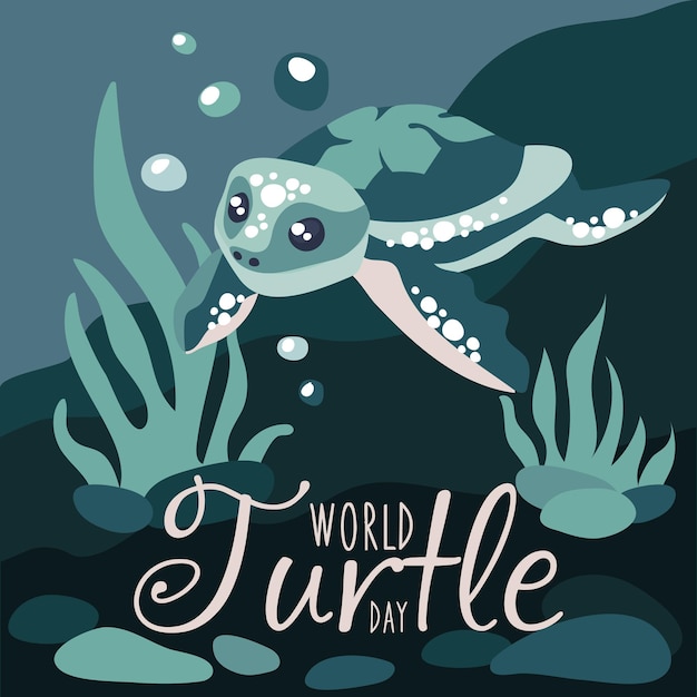 Vector world turtle day may 23 vector illustration background a turtle swims in the ocean against