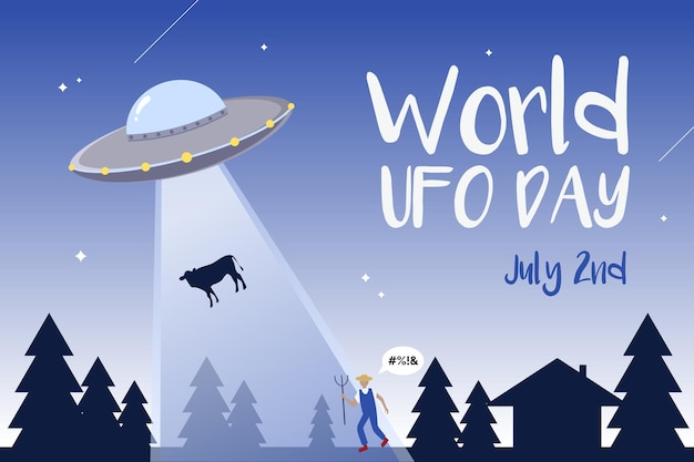 World UFO day vector poster depicting a flying saucer abducting a farmer's cow