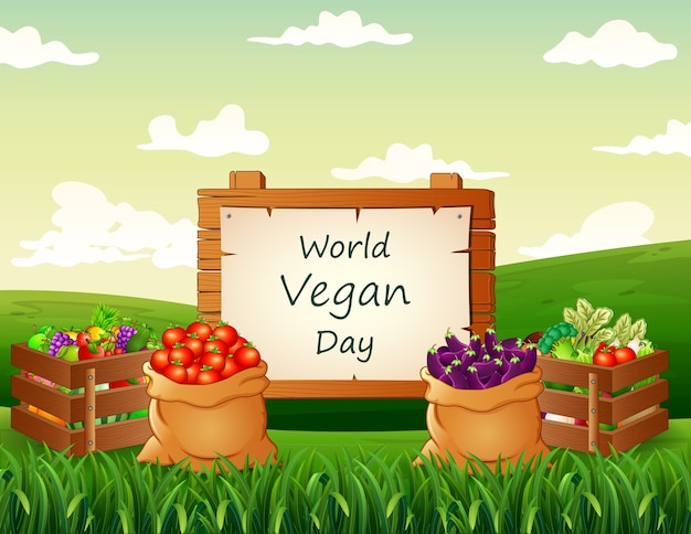 Vector world vegan day background with vegetables at nature