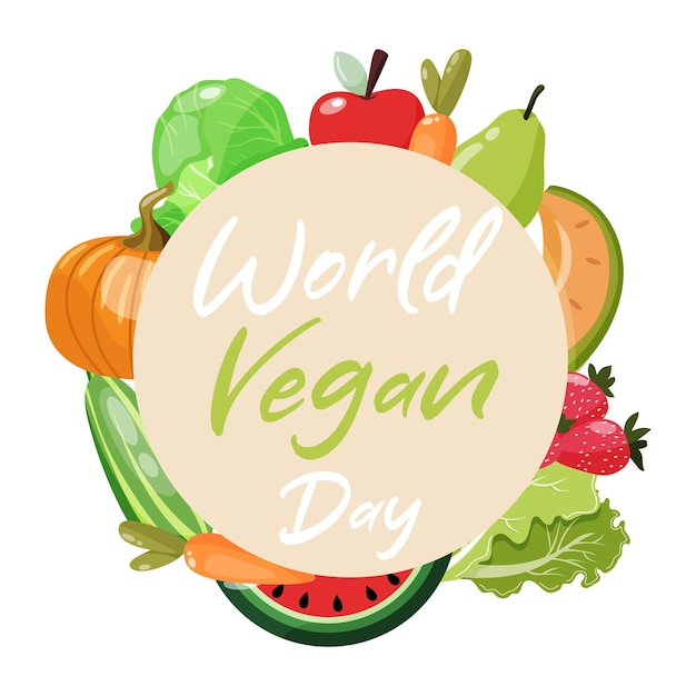 World vegan day beige round frame with colourful vegetables and fruits Vector design