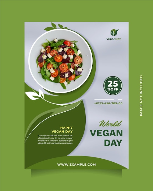 Volantino e brochure del modello di giornata mondiale vegana, cibo sano, cibo vegetariano e prodotti naturali
