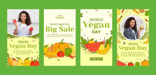 Vector world vegan day instagram stories collection