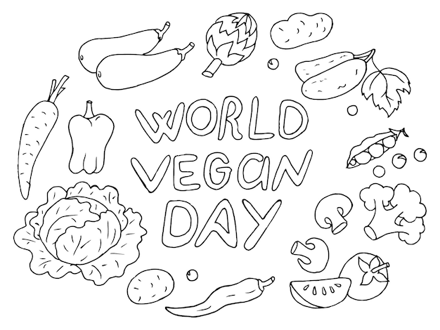 Vettore giornata mondiale vegana lettering doodle illustrazione vettoriale disegnata a mano