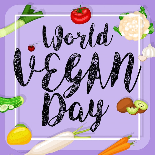 Vector world vegan day poster with flat design vegetables background