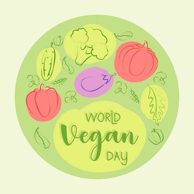 World Vegan Day set of healthy eco bio wholesome vegetables, for greeting card, poster and banner.