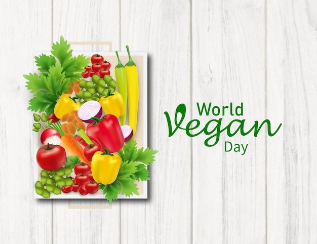 Vector world vegan day text and veggies for cards or stickers