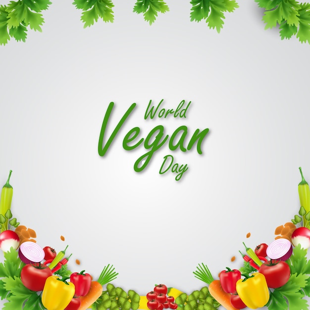 Vettore testo e verdure della giornata mondiale vegana per cartoline o adesivi