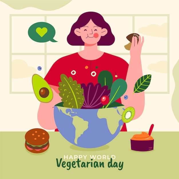 Illustrazione piana disegnata a mano della giornata mondiale del vegetariano