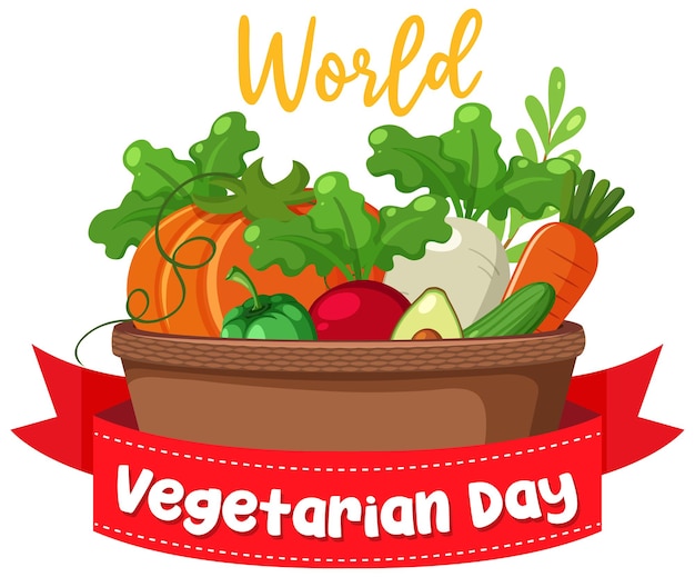 Логотип всемирного дня вегетарианцев с овощами и фруктами в корзине