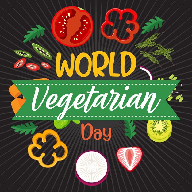 Vettore logo della giornata mondiale del vegetariano con frutta e verdura