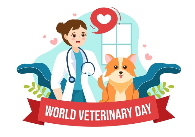 Vettore giornata mondiale della veterinaria il 29 aprile illustrazione con dottore e simpatici cani animali o gatti disegnati a mano