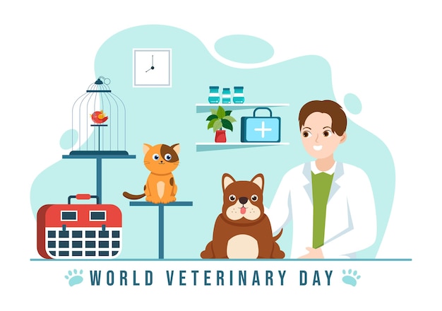 Giornata mondiale della veterinaria il 29 aprile illustrazione con dottore e simpatici cani animali o gatti disegnati a mano