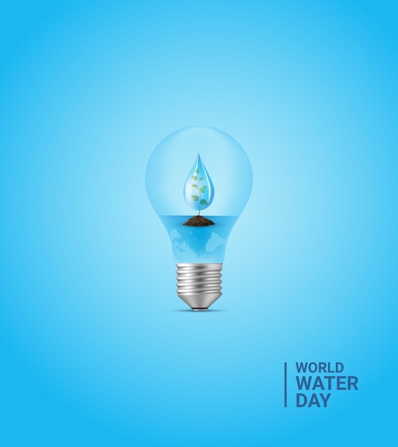 Vector world water day concept bulb with water drop plant world map water day creative concept